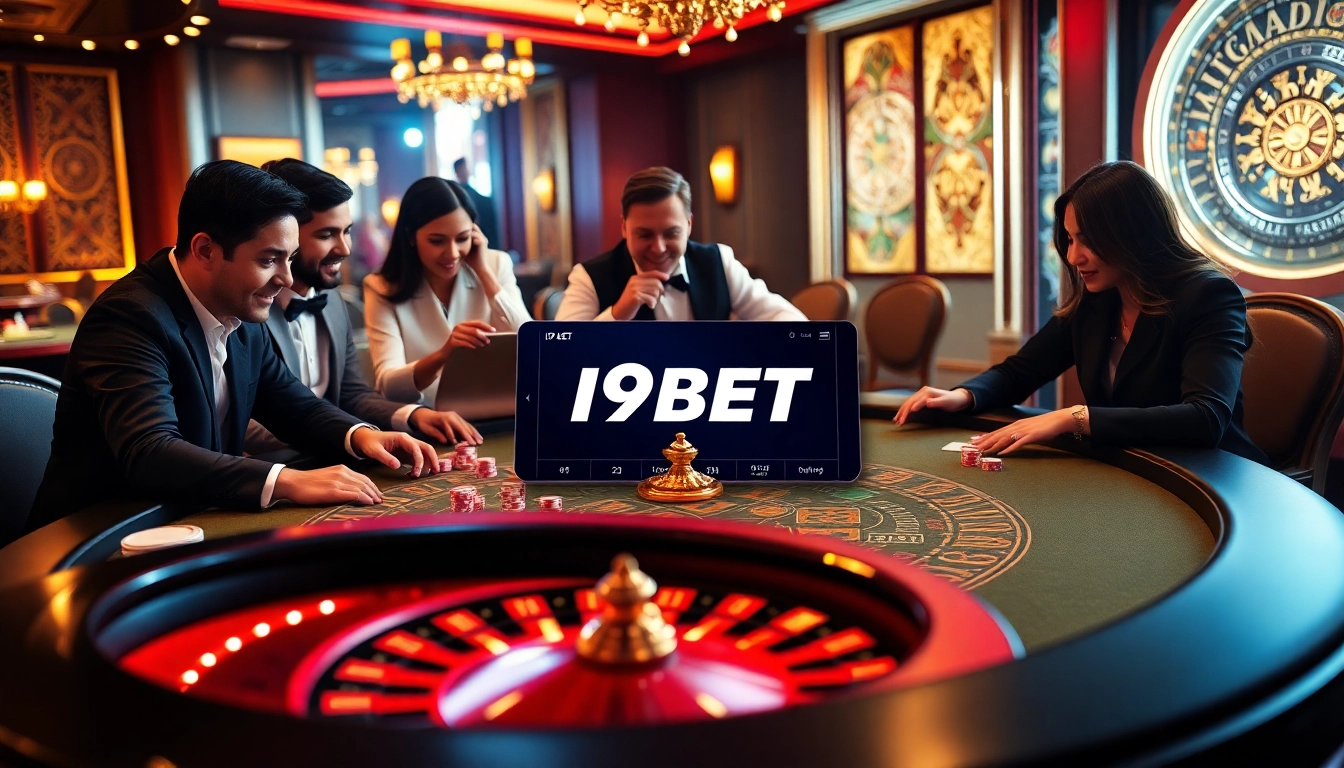 I9BET casino excitement with players enjoying poker and roulette in a luxurious setting.