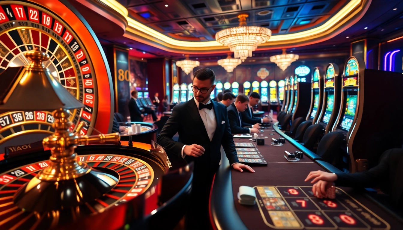 Experience the thrill of Vua99 with engaged players enjoying roulette and poker in a luxurious casino setting.