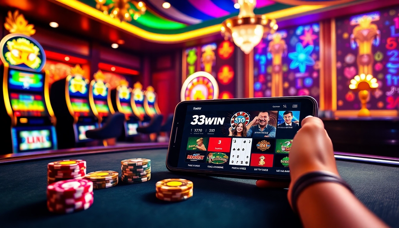Experience thrilling gaming action at 33win with poker chips, roulette wheel, and online betting interface.