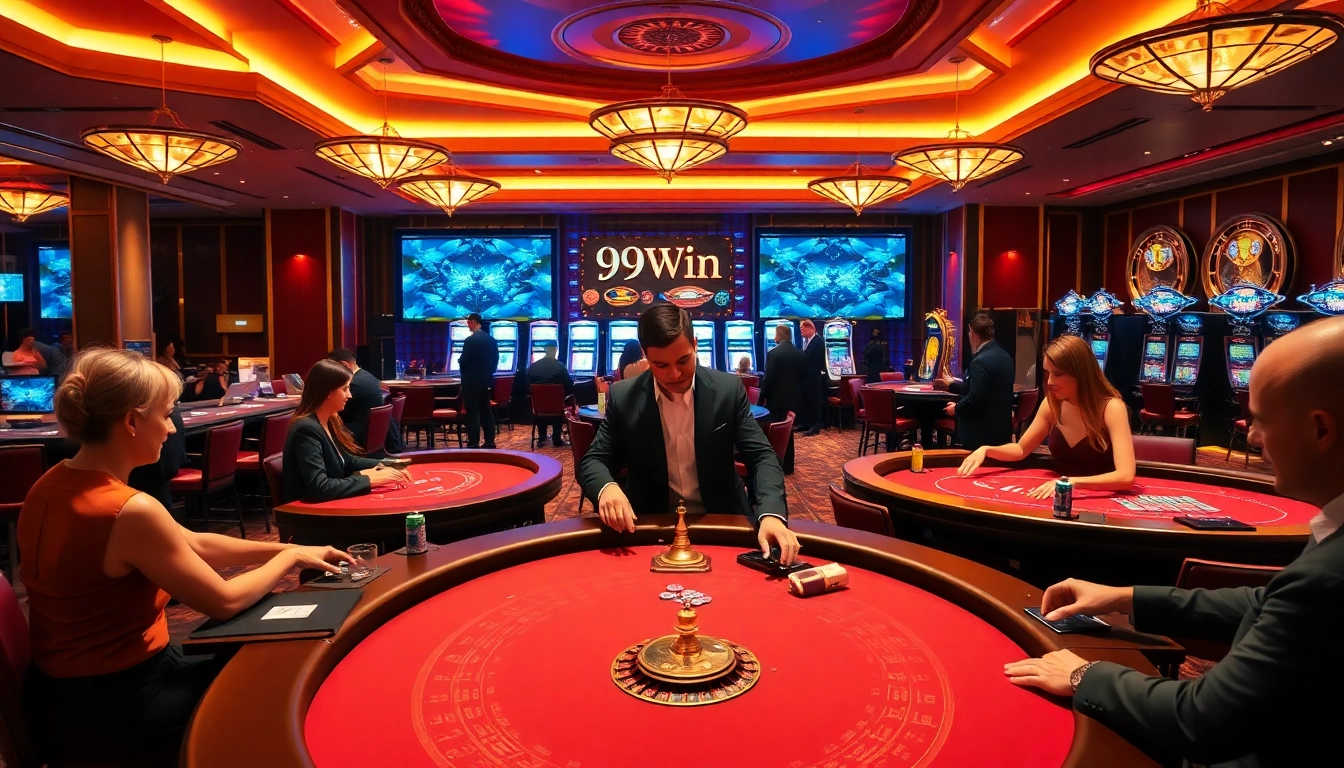 Experience thrilling gameplay at 99win casino with poker tables and vibrant slot machines.