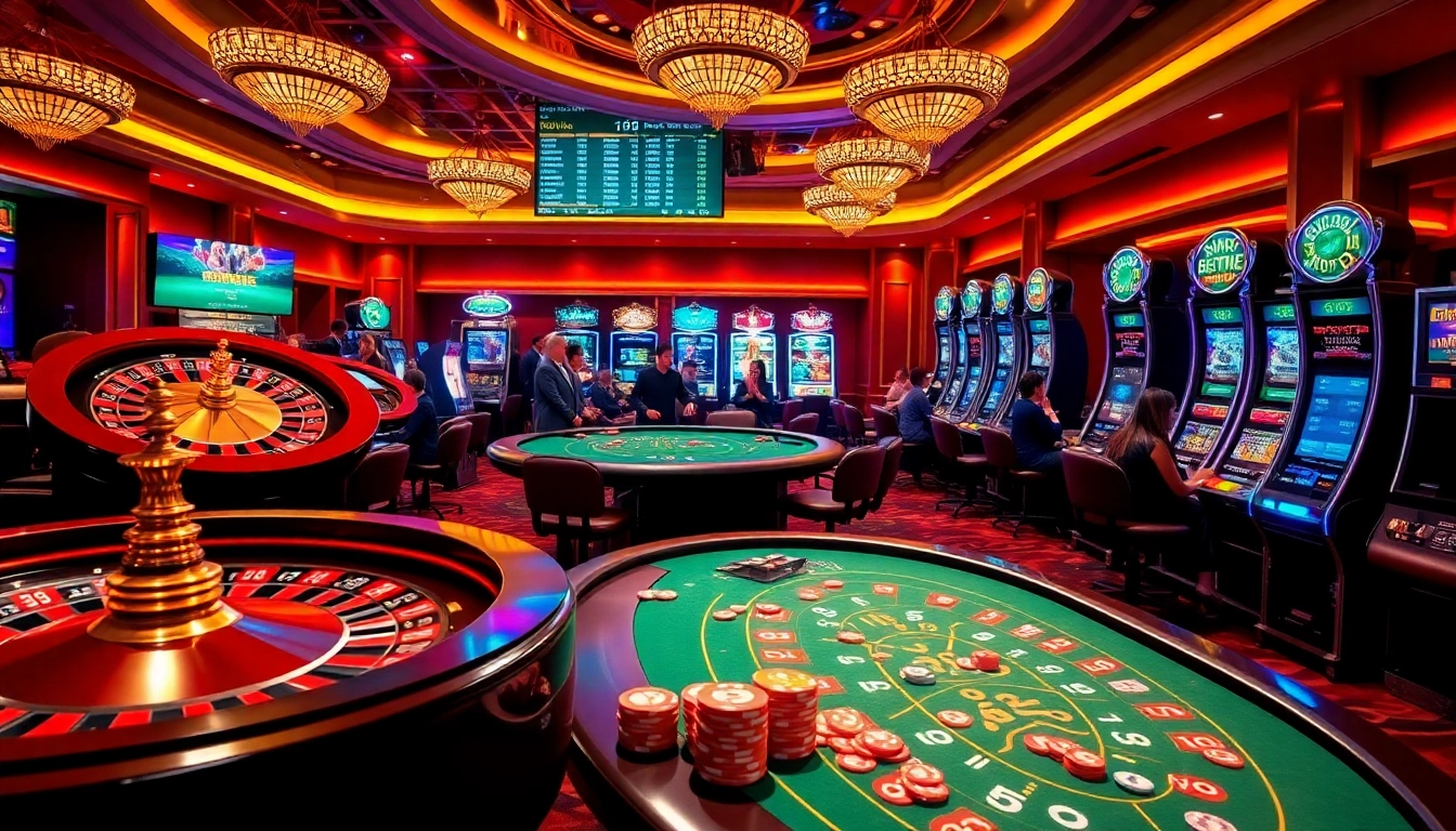 Exciting Thabet77 casino experience with vibrant poker tables and roulette wheels.