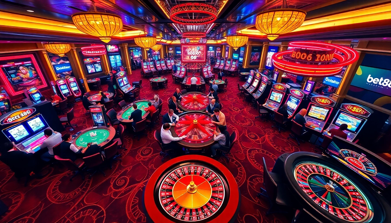Experience the thrill of gambling at Bet88 with vibrant poker tables and lively casino action.