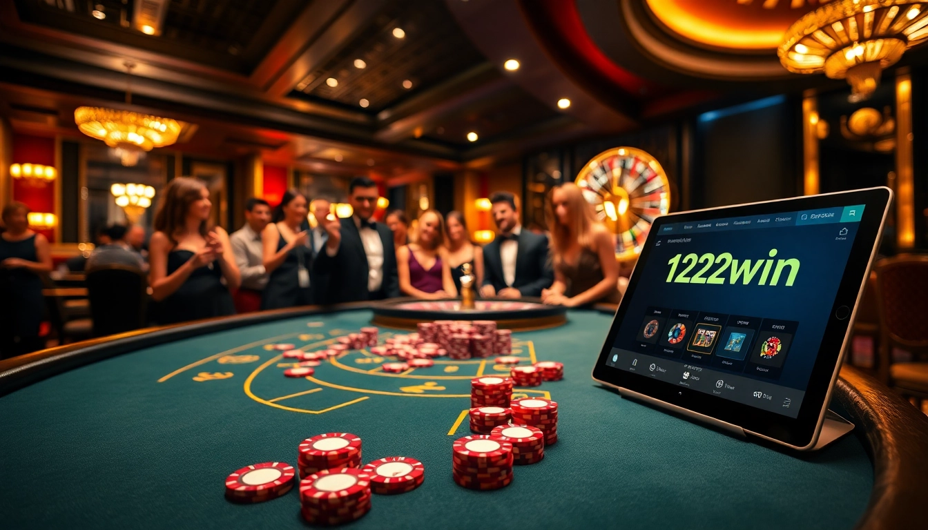 Players enjoy an exciting game at a casino table while exploring https://123win.click/ for online gambling options.
