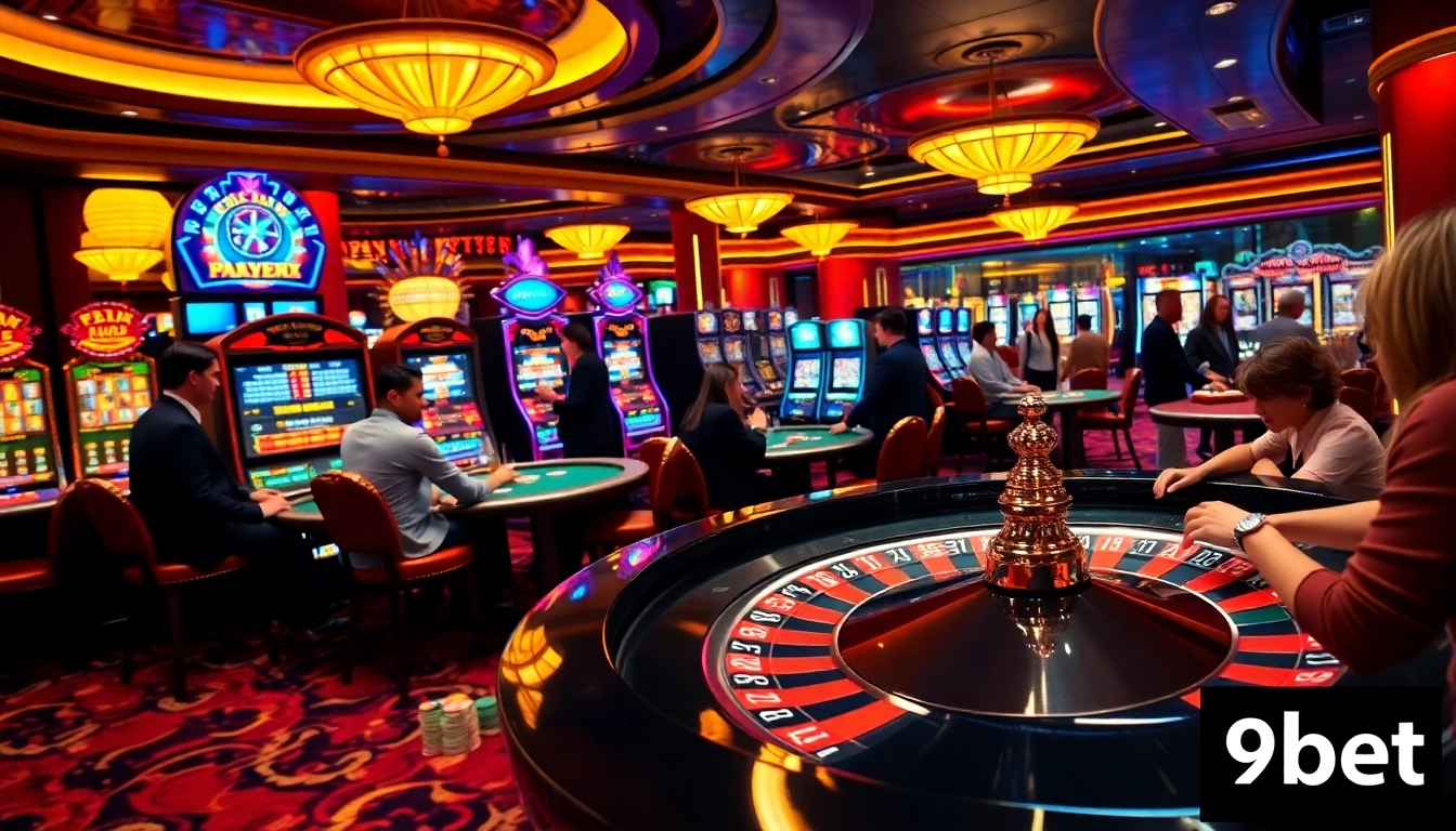High-stakes gameplay at 9bet's luxurious casino, featuring roulette and slot machines.