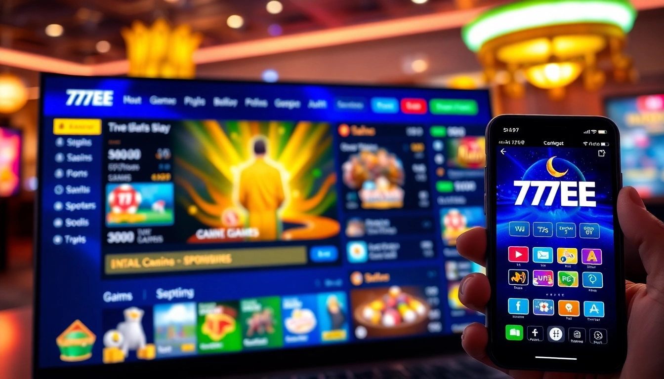 Engaging online gaming interface of 77EE showcasing diverse game options and mobile app accessibility.