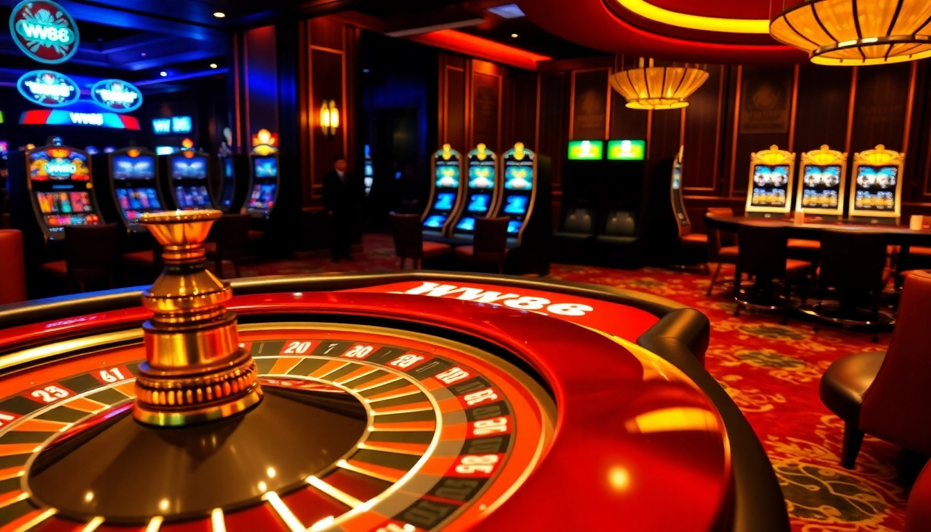 Experience WW88 excitement at a luxurious poker table with roulette and vibrant slot machines.