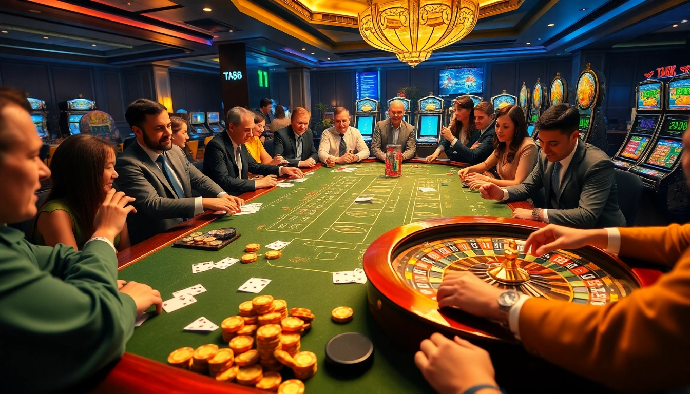 Engage in thrilling gameplay at the TA88-themed casino table, surrounded by vibrant colors and exciting gaming elements.