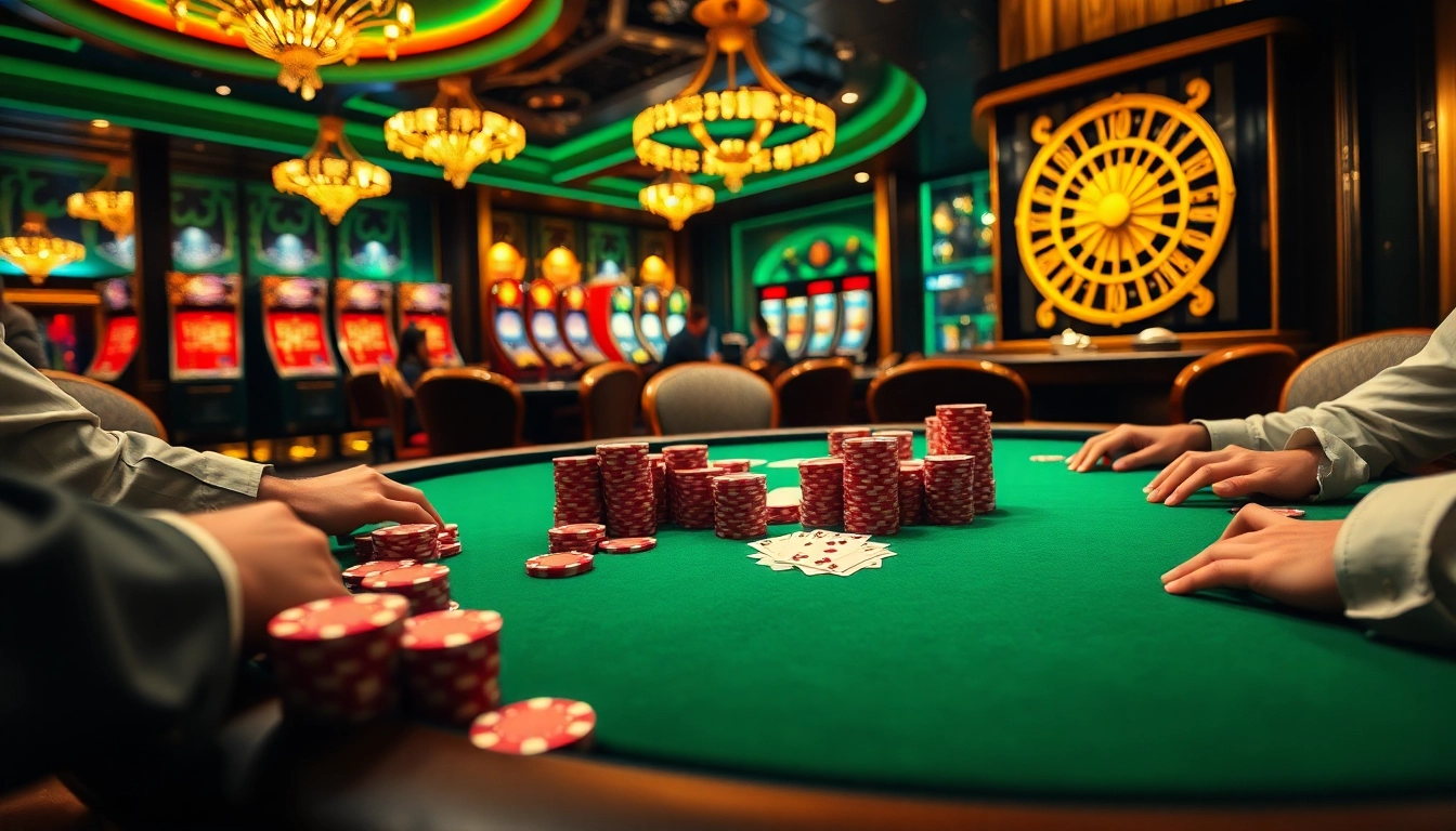 Excited gamblers engaging in a high-stakes poker game featuring the S8 poker chips and luxurious casino ambiance.