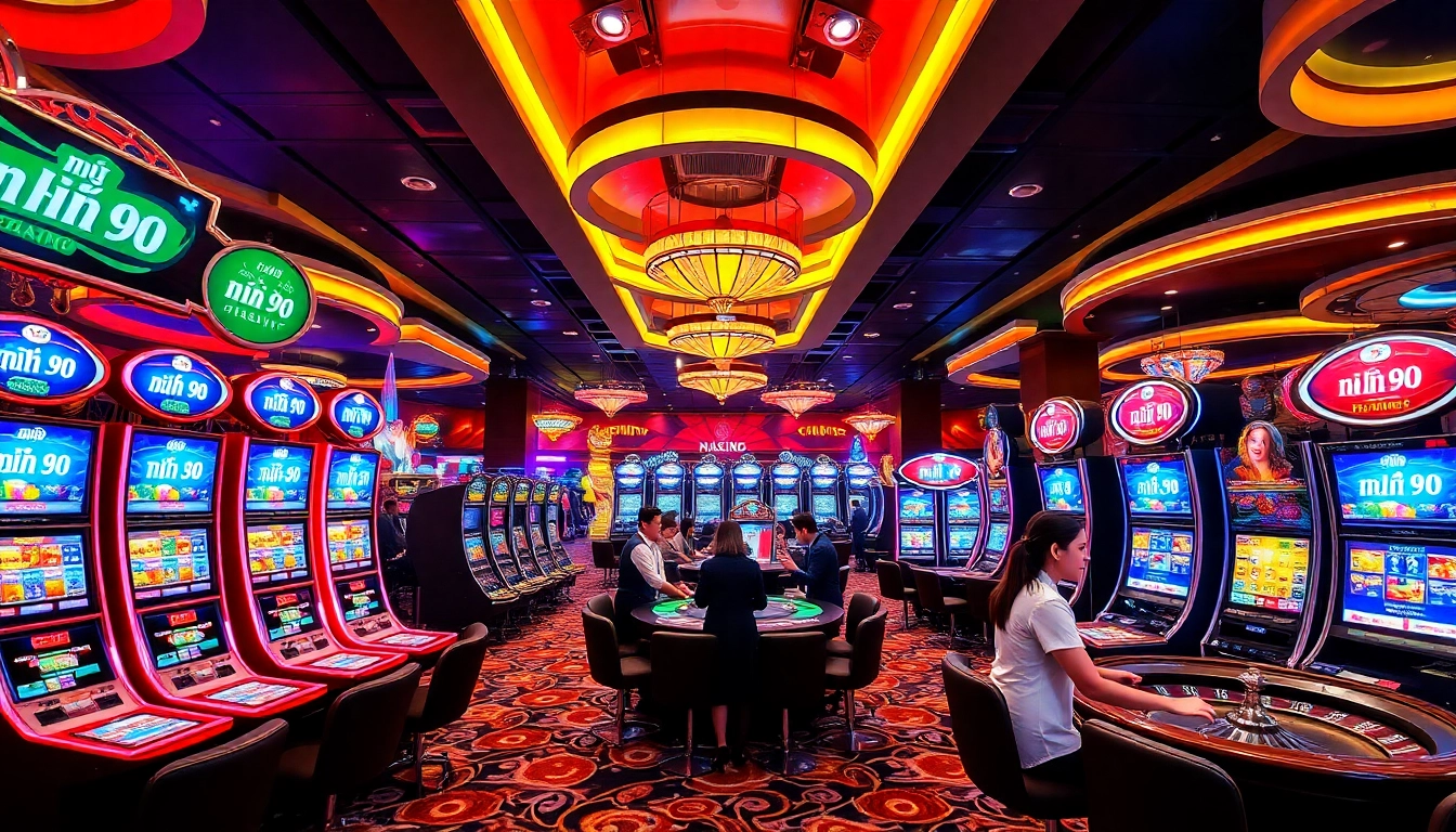 Players winning big at nổ hũ 90 slot machines in a vibrant casino atmosphere.
