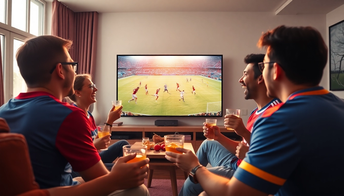 Fans enjoying live sports on Trang chủ CakhiaTV in a lively watch party setting.