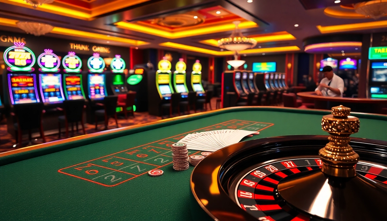 Exciting ZX88 online casino scene featuring baccarat table and illuminated slot machines.