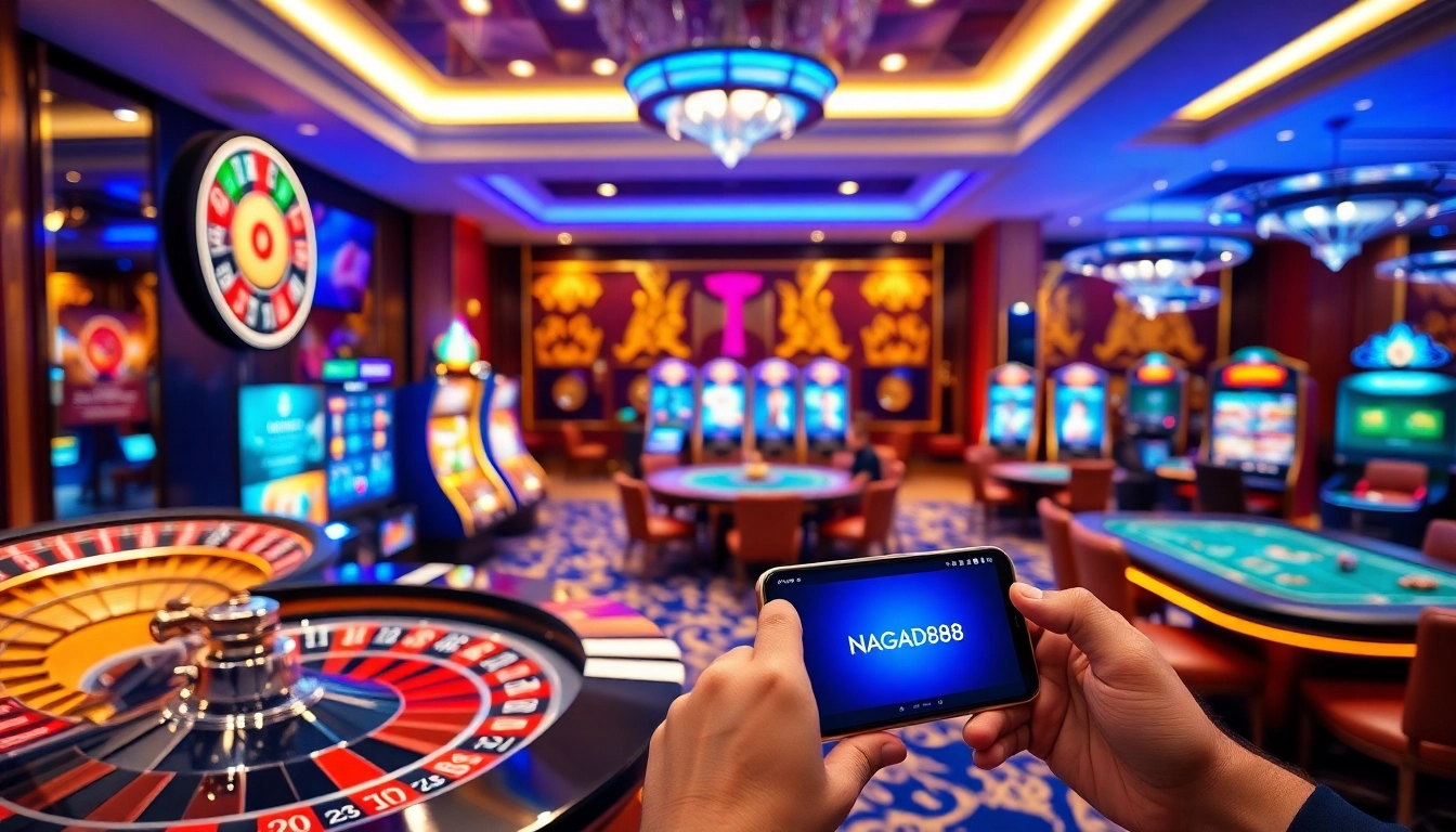 NAGAD88 offers an engaging online gaming experience with vibrant slot machines and a digital roulette wheel.