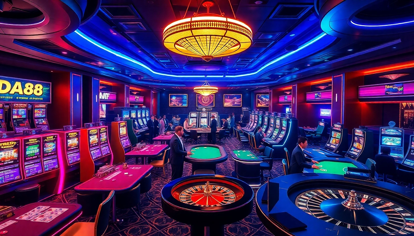 Experience exhilarating gameplay with DA88 in a vibrant casino setting filled with slots and table games.