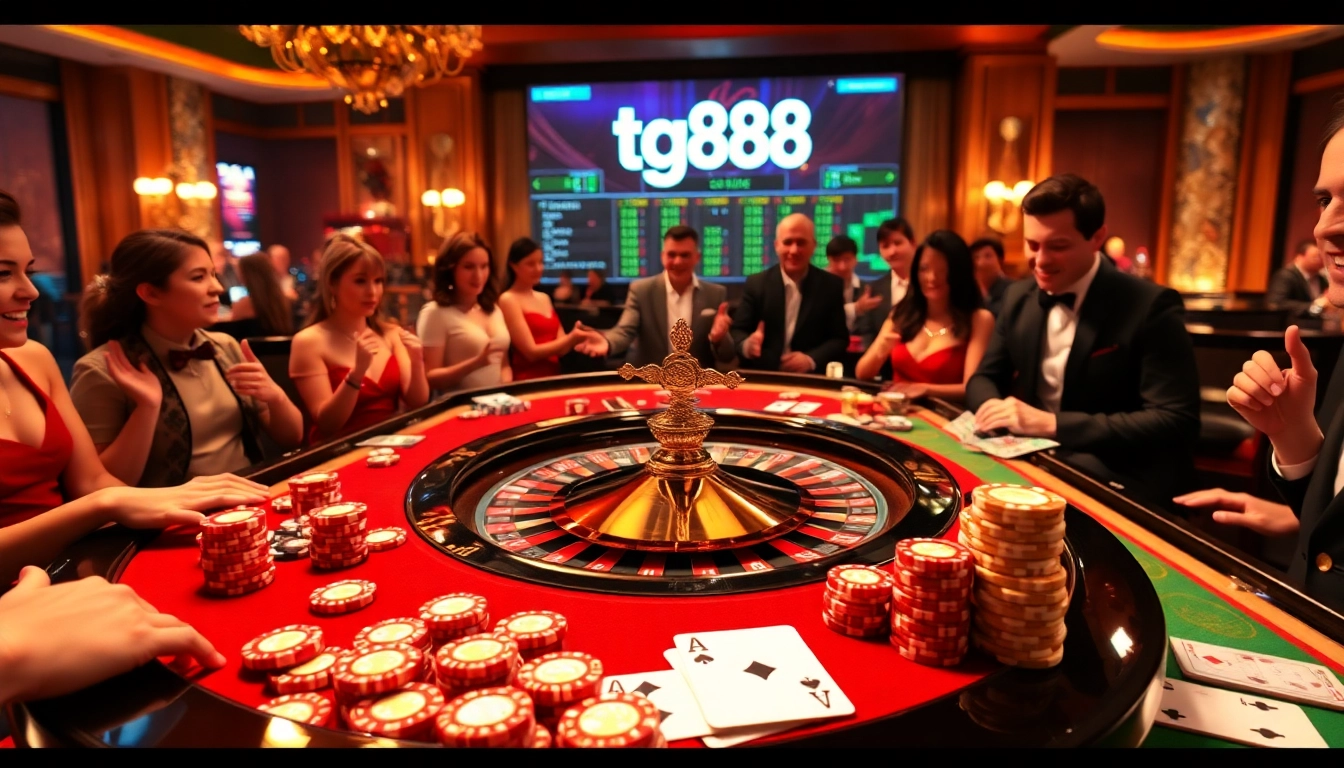 Experience the thrilling vibe of tg88 at a vibrant casino scene with roulette, cards, and engaged players.