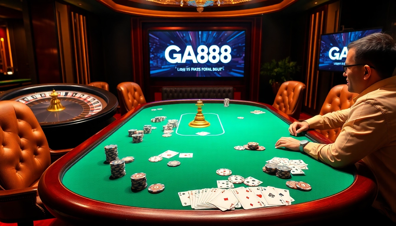 Gambling enthusiasts experiencing a high-stakes game at GA88 Casino, showcasing poker chips and cards.