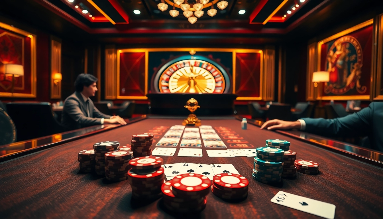 Exciting game at rikvip's luxurious casino with poker table and roulette wheel.