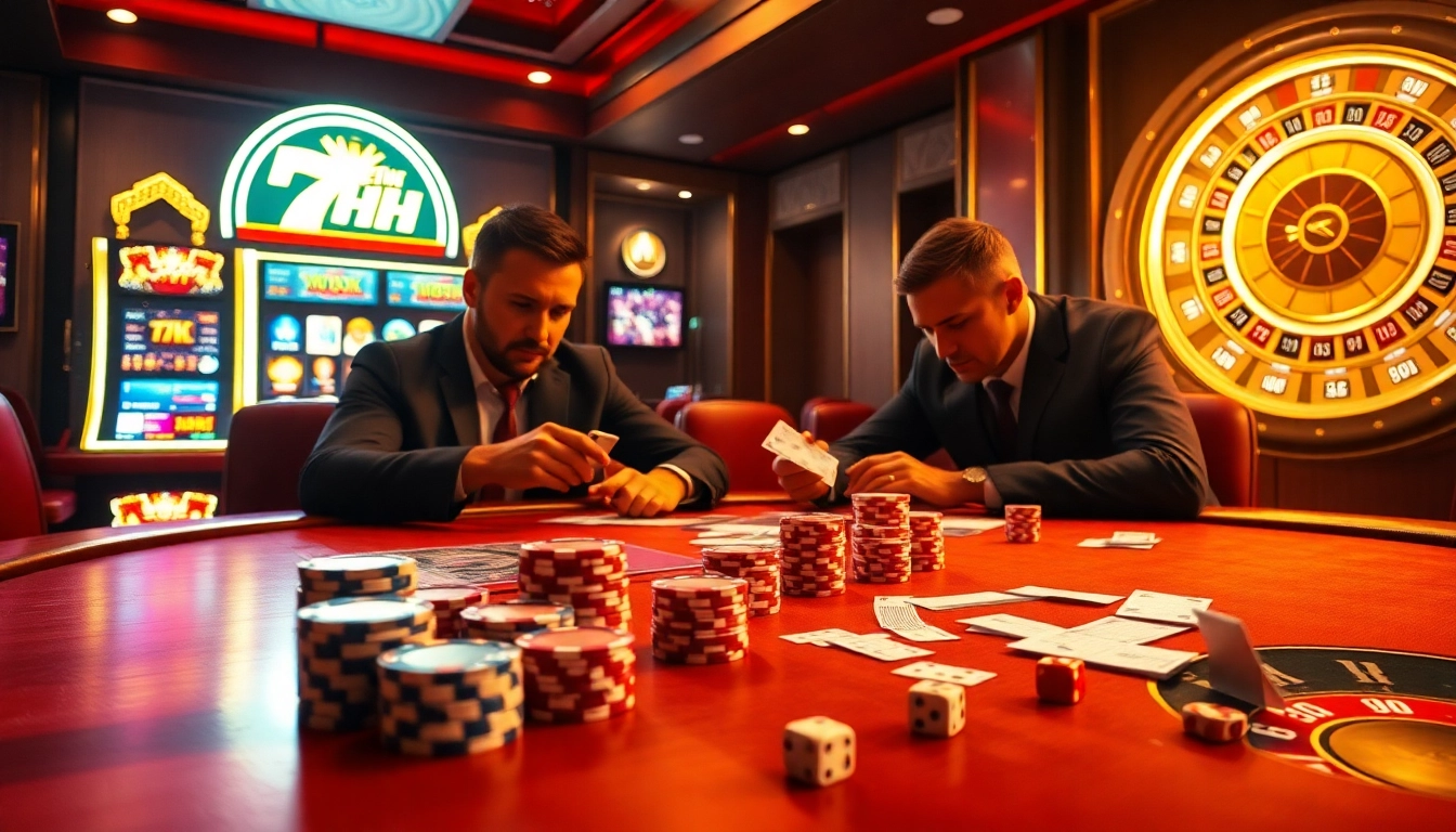 Players intensely strategizing at a poker table with the 7HH logo visible in a vibrant casino setting.