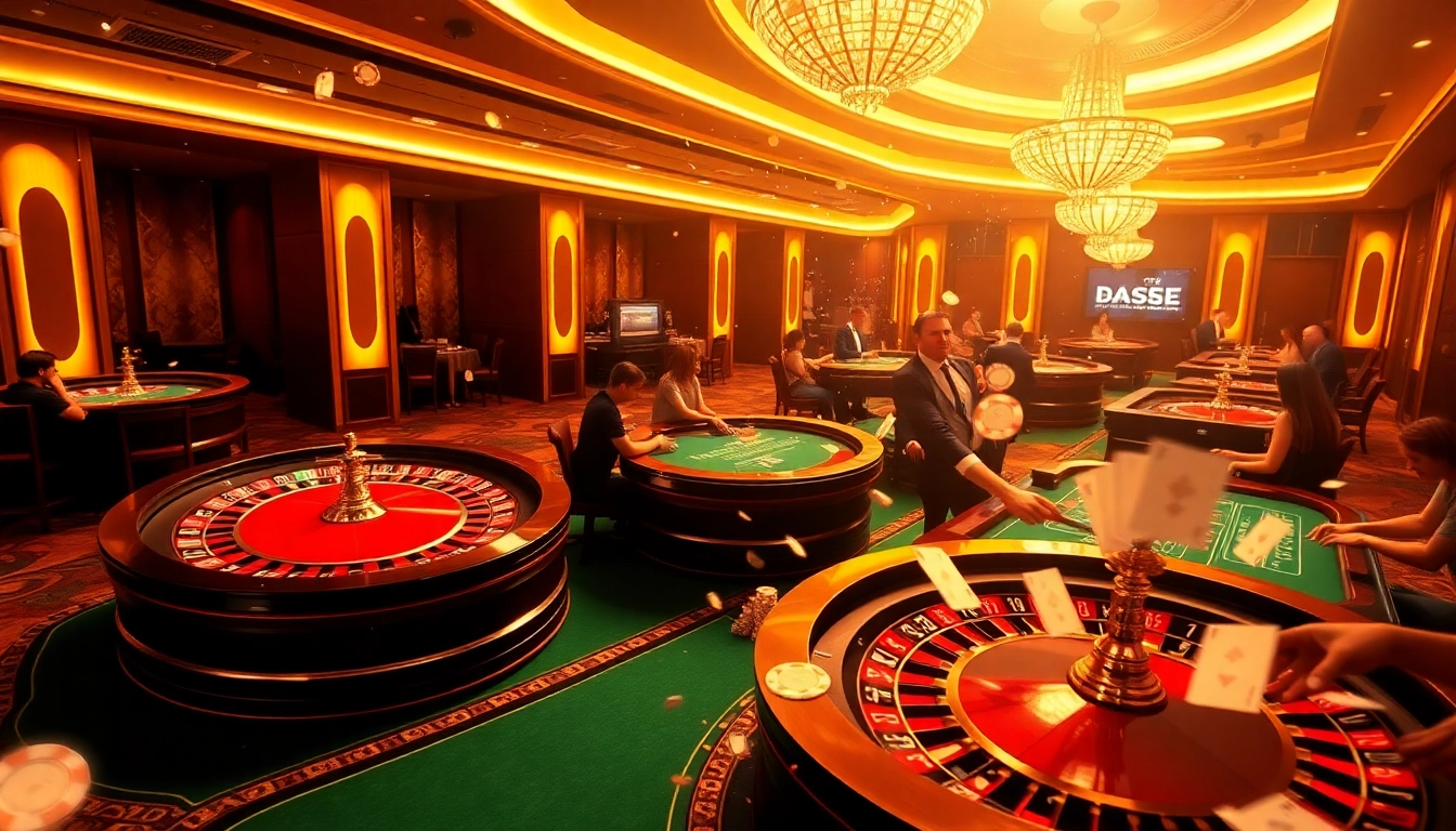 A vibrant casino scene showcasing excitement at fc88.ae.org with roulette wheels and poker games in action.