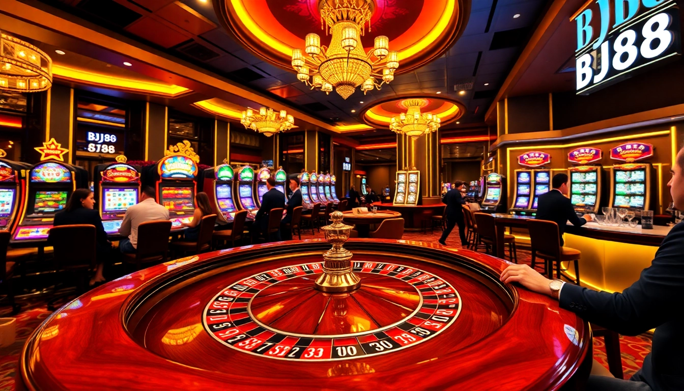 Players enjoying an upscale casino experience at BJ88, complete with roulette and poker.
