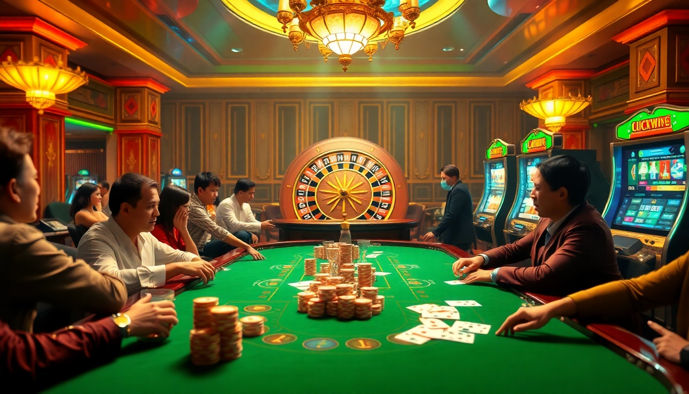 Experience the excitement of Luckywin with players immersed in casino games, poker chips in action.