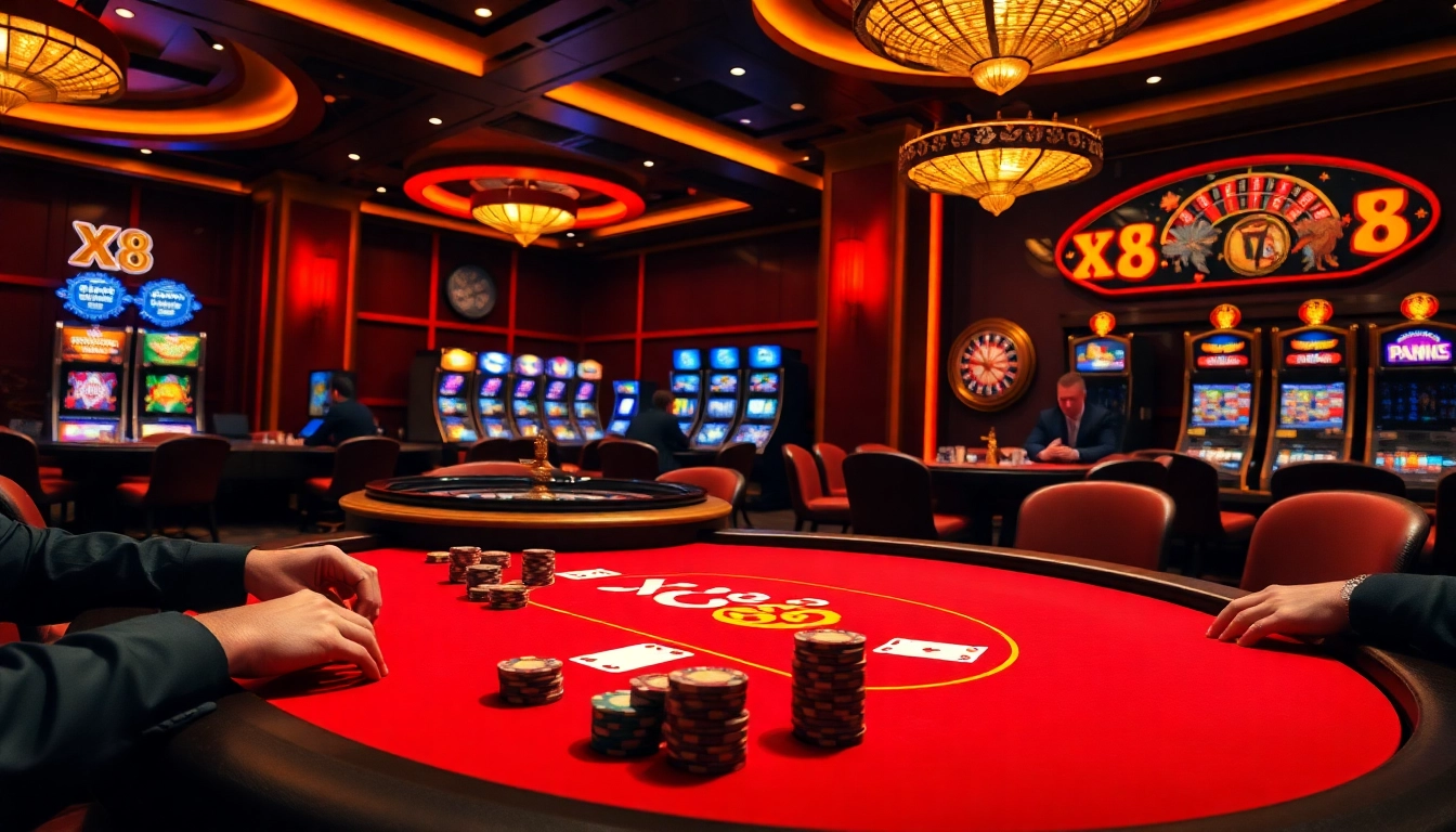 Players enjoying an exciting poker game at X88 casino table, with vibrant chips and cards.