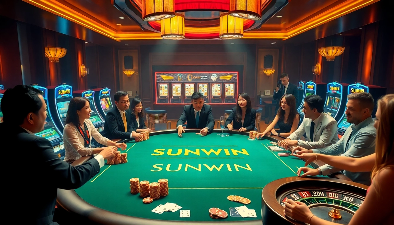 Players enjoying the SUNWIN gaming table with vibrant poker chips and cards.