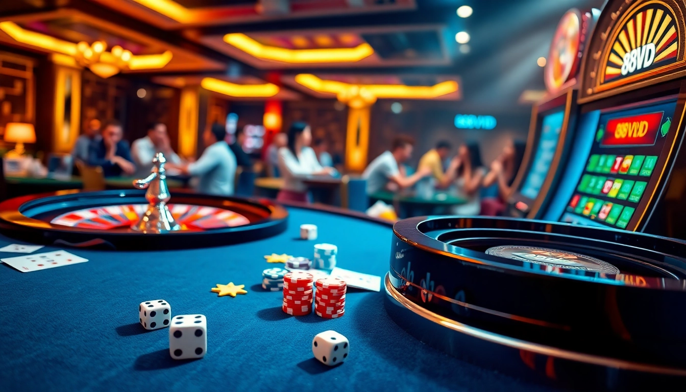 Experience the thrill of gaming at 888VND with vibrant casino visuals featuring roulette and poker tables.