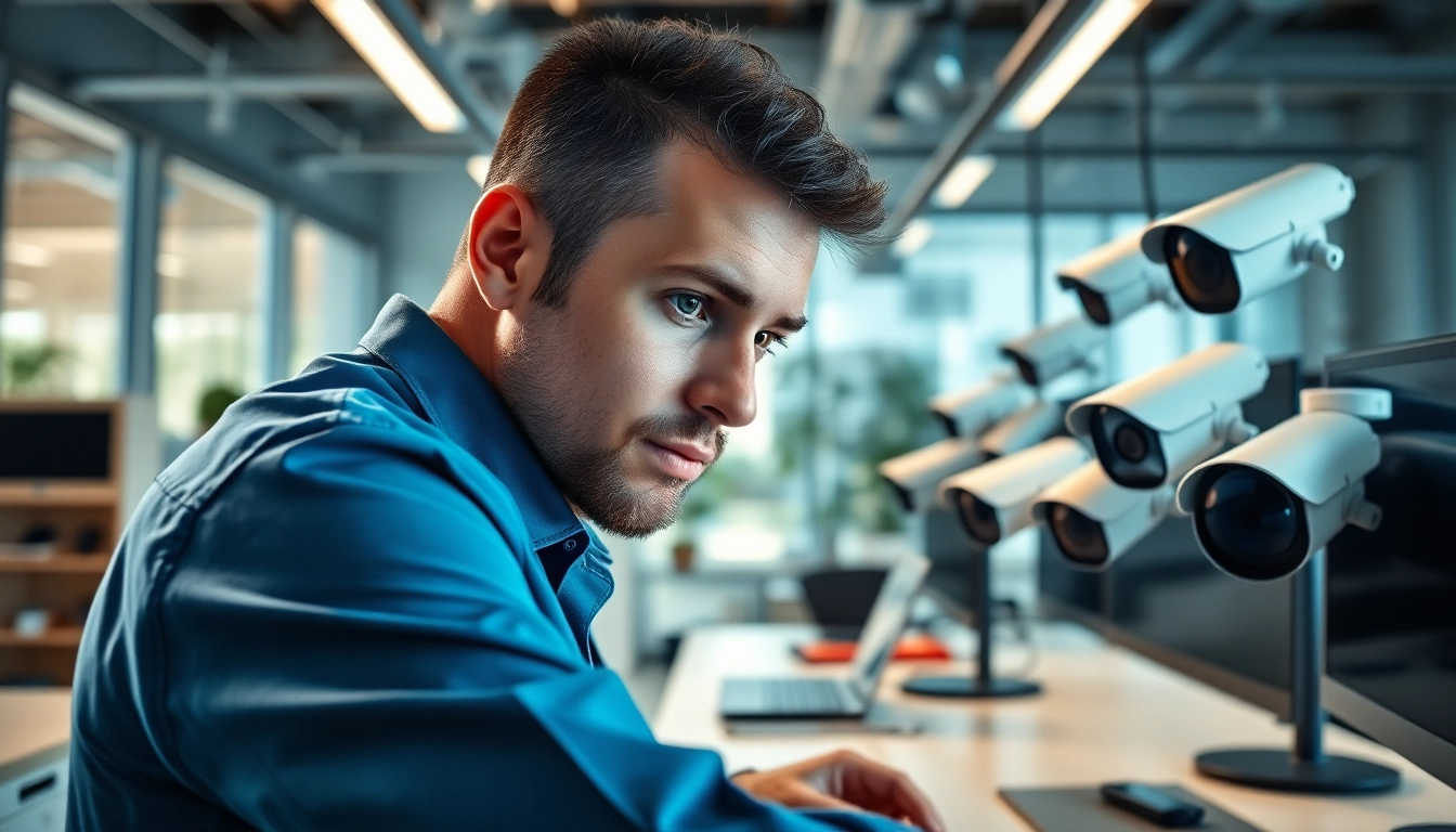 Soporte técnico en cámaras de seguridad con un técnico instalando cámaras de seguridad modernas en una oficina.