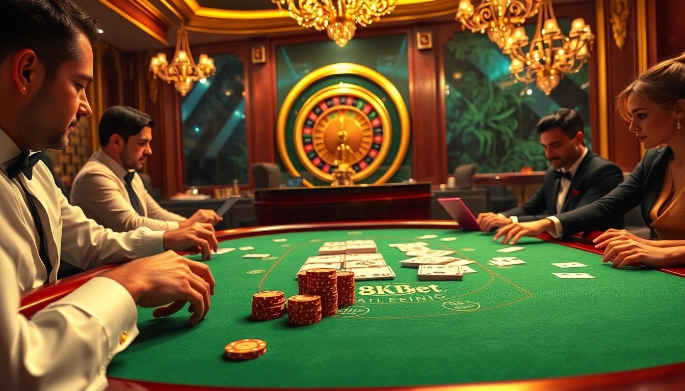 Exciting poker gameplay at 8KBET with luxurious casino elements and high-stakes action.