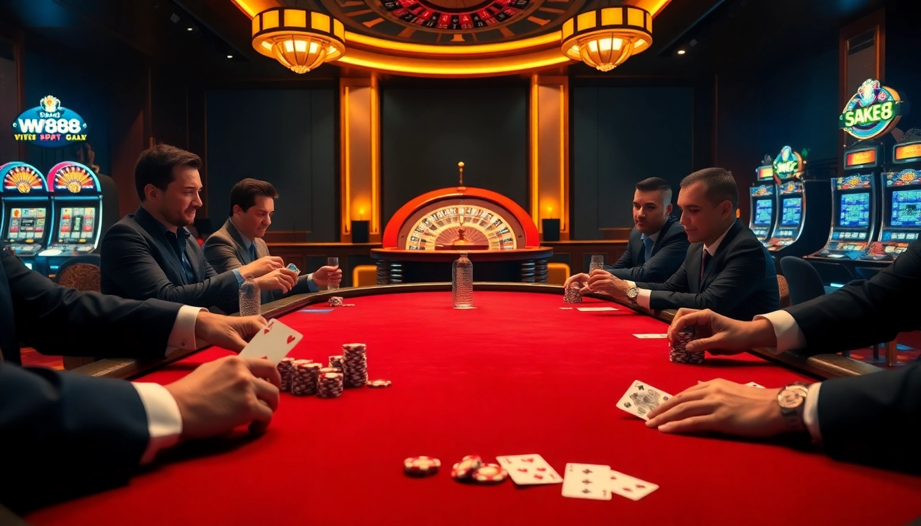 Exciting gambling scene at WW88 with players at a poker table, vibrant slot machines, and roulette wheel.