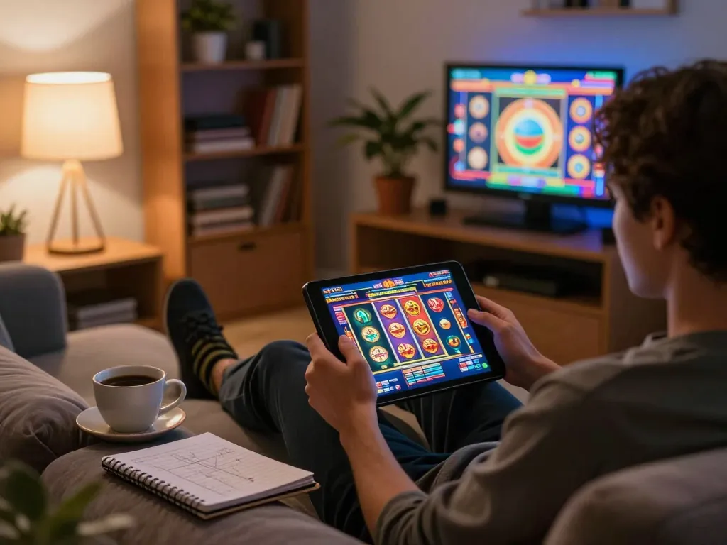 Engaged player enjoying DR88 online casino experience on tablet in cozy home setting
