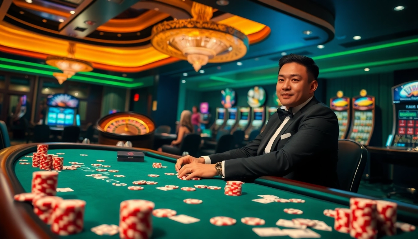 Experience the excitement of ok365m at a luxurious casino table with vibrant poker chips and cards.