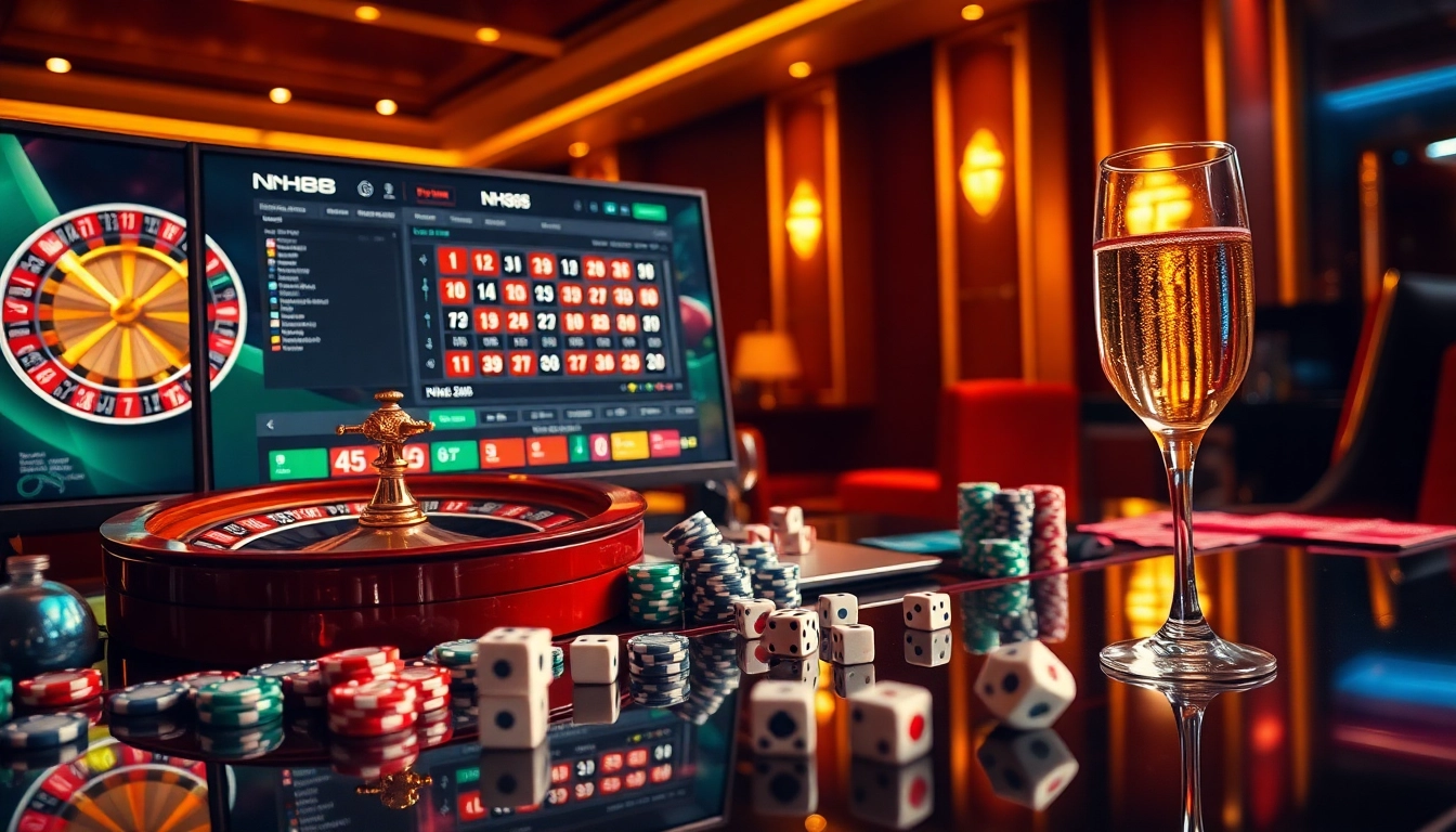 NH88 online interface displayed among casino elements like roulette, poker chips, and dice.