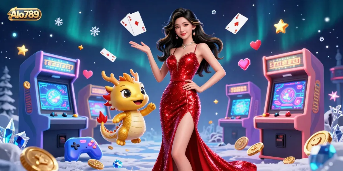 Alo789 showcases vibrant gambling action with a glamorous woman and a golden dragon in a dynamic casino scene.
