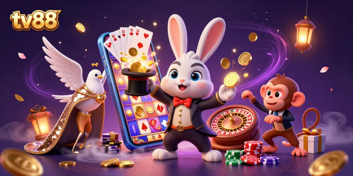tv88's magical casino scene with a rabbit magician, dove, and monkey amidst poker chips and slot game action.