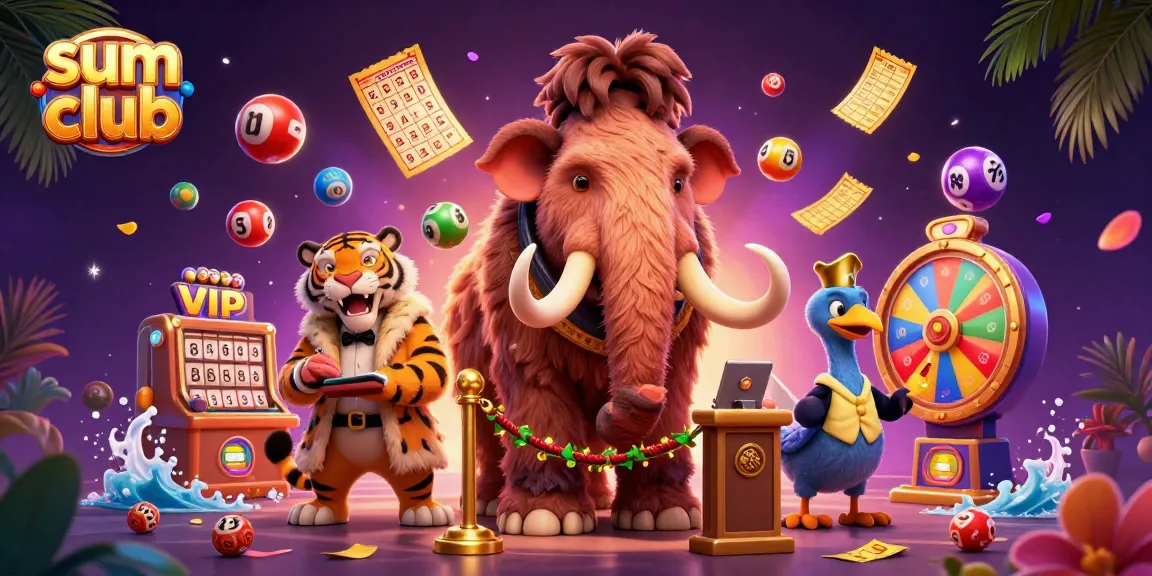 Play games at sum club with a vibrant 3D scene featuring a woolly mammoth bouncer and colorful lottery elements.