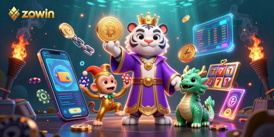 Win big at Zowin with a vibrant illustration featuring a majestic tiger, monkey, and dragon in a lively gaming scene.