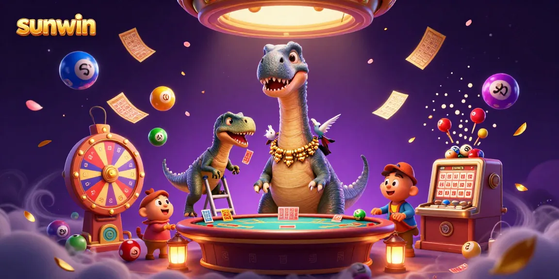 Sunwin's vibrant casino scene showcases a cartoon brontosaurus and clever raptor in 3D, entertaining players.