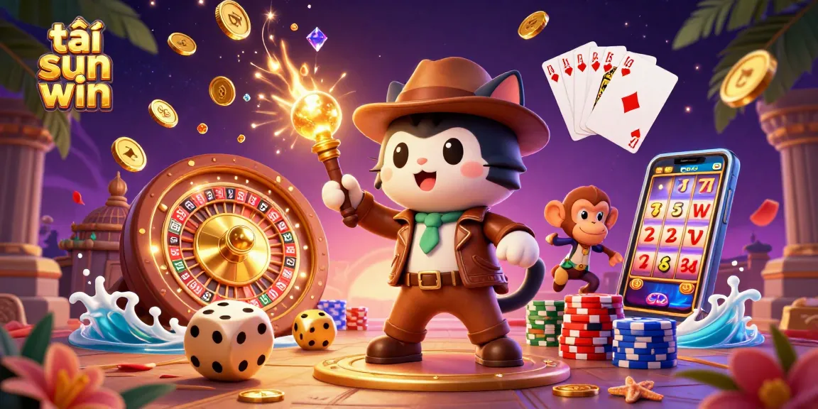 Engage with the extraordinary scene of 3D cartoon explorer cat and monkey companion uncovering golden casino treasures while showcasing tải sun win.